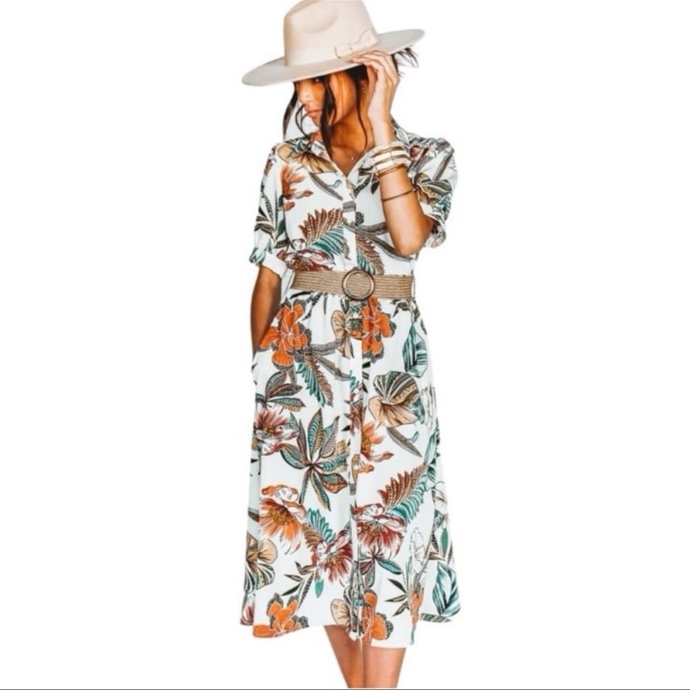 ELLISON Floral Print Button-Up Midi Dress w/belt